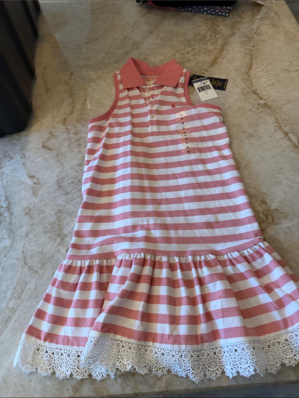 Polo by Ralph Lauren Pink and White Striped Cotton Dress with Lace Trim
